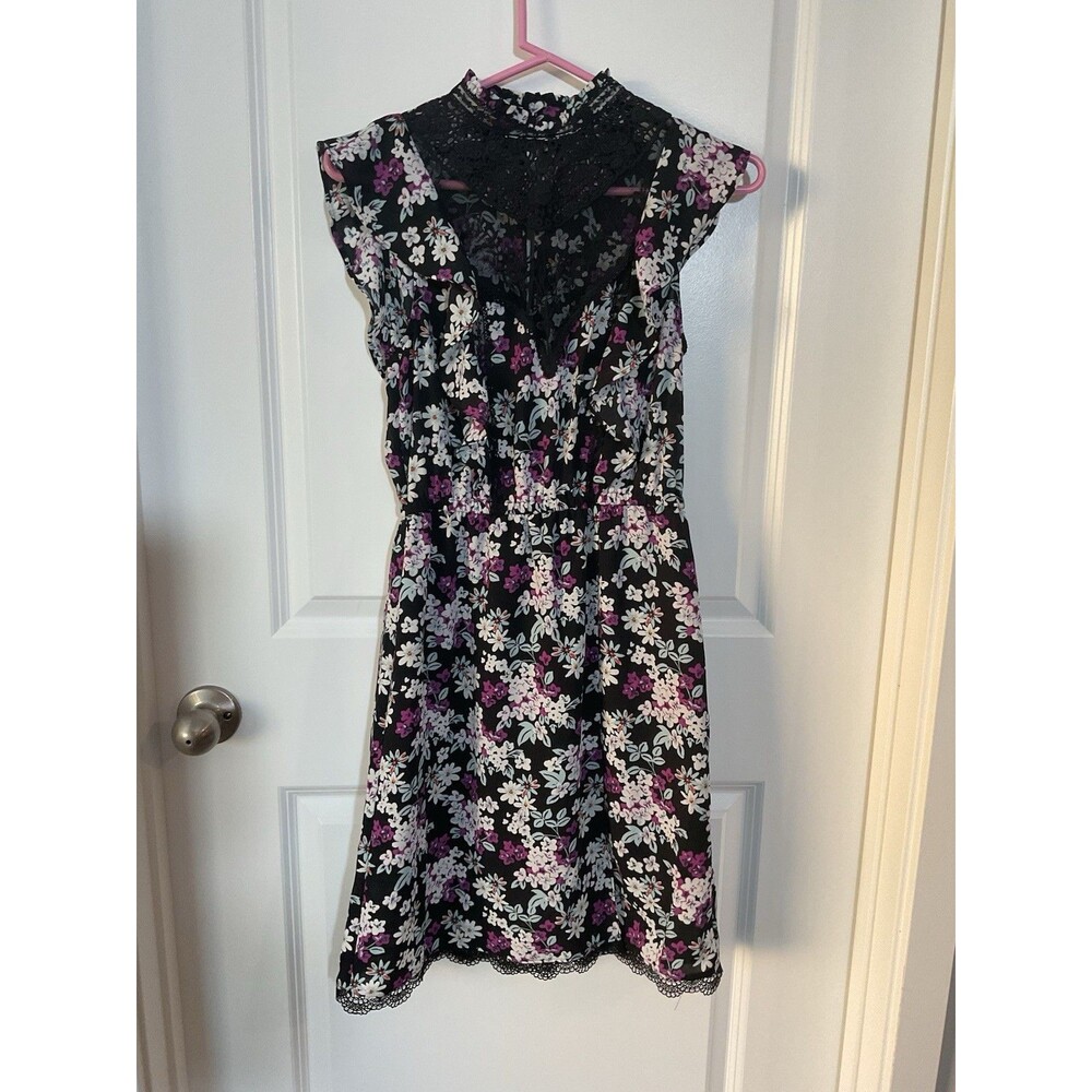 Express Womens Floral Lace Mock Neck Flutter Sleeve Mini Dress Black Purple XS